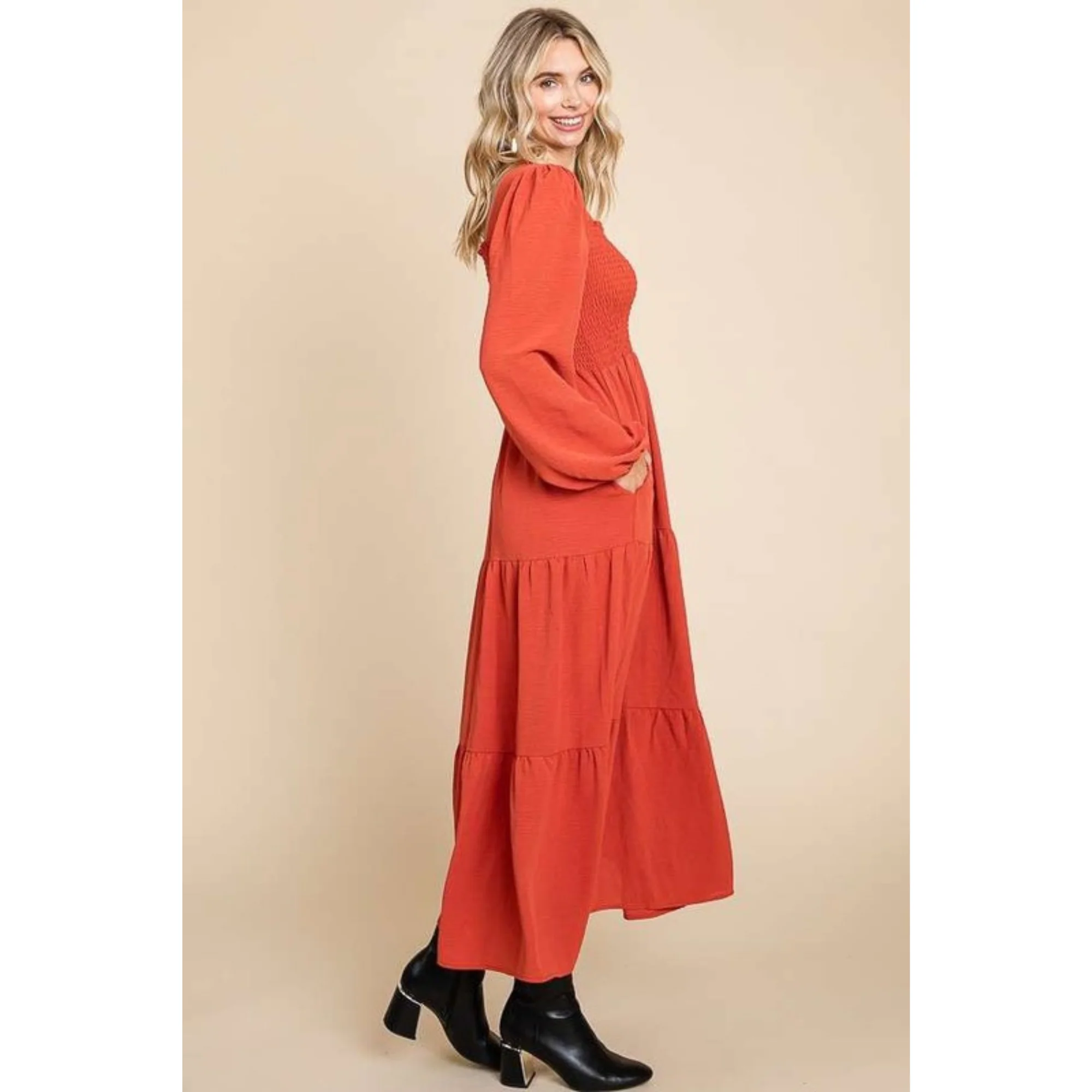 Luca Square Neck Smock Dress - Cinnamon - Image 11