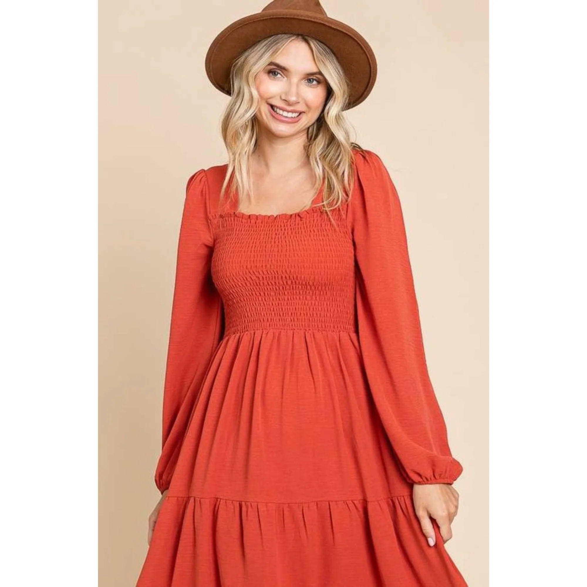 Luca Square Neck Smock Dress - Cinnamon - Image 13